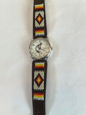 NAVAJO | Kokopelli Watch with Hand Beading on Leather Strap-NEW Battery